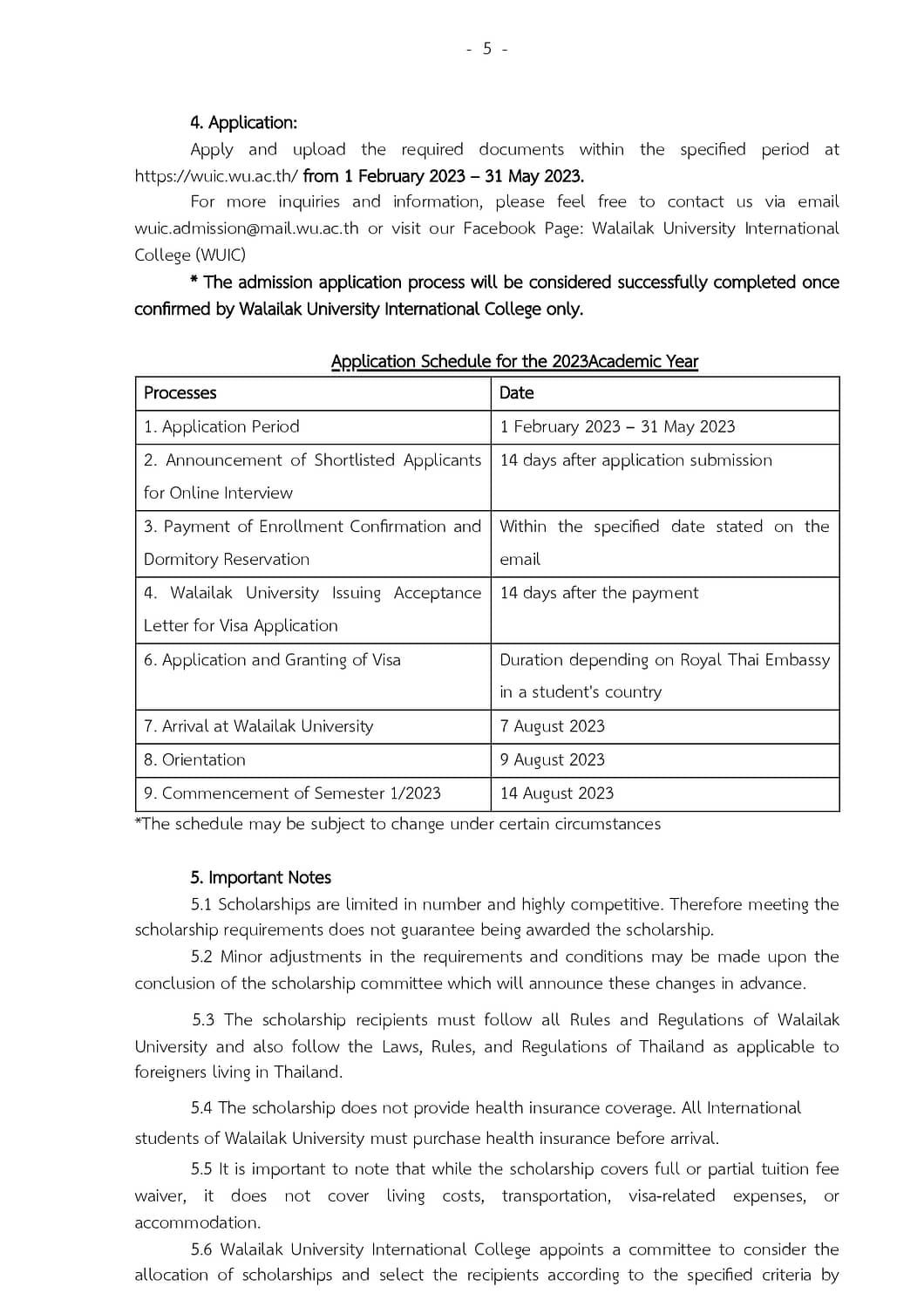 Announcement of Walailak University Subject: WUIC Undergraduate Excellence Scholarships Full and Partial Tuition Fee Waiver Scholarships Academic Year 2023