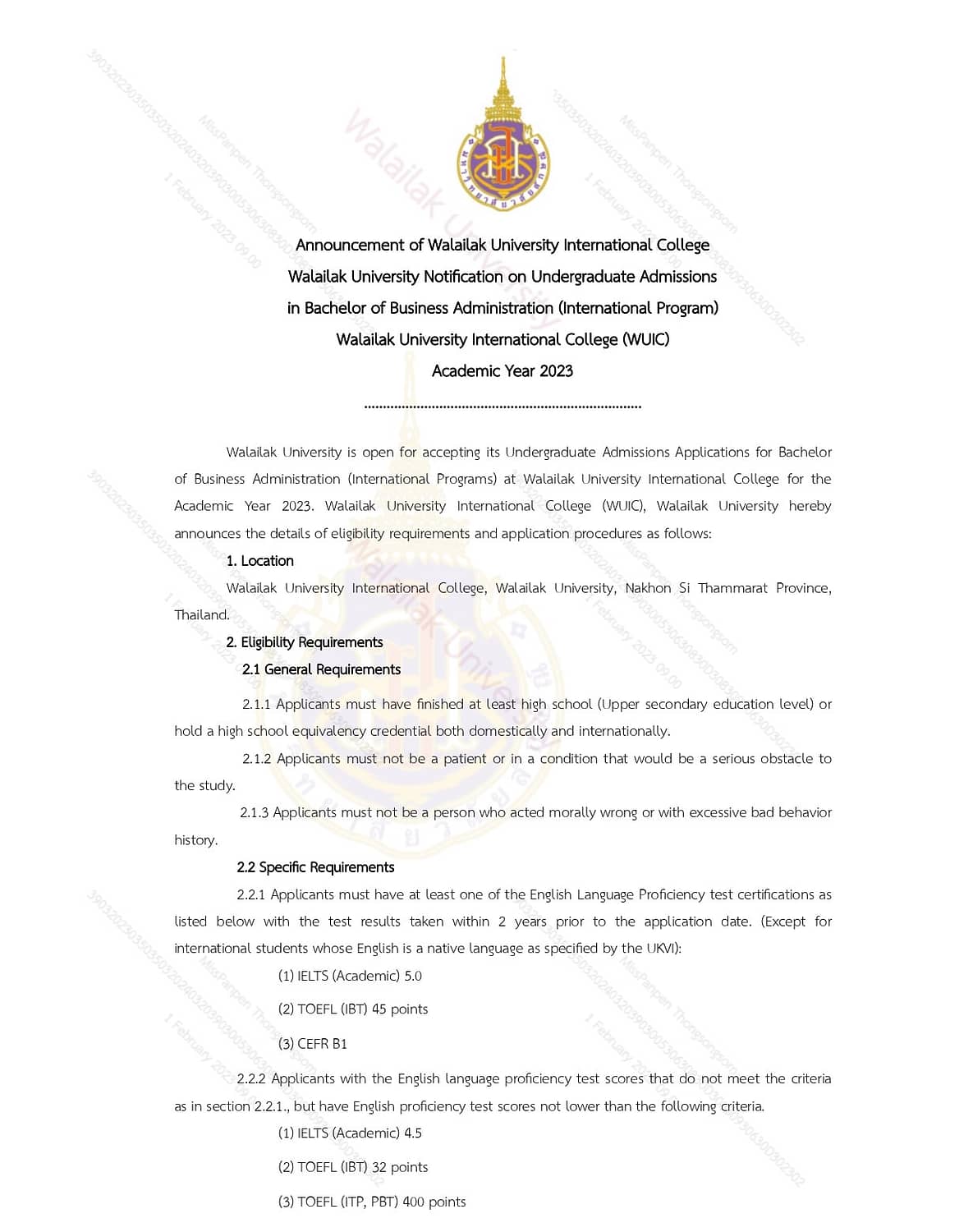 Announcement of Walailak University International College Walailak University Notification on Undergraduate Admissions in Bachelor of Business Administration (International Program) Walailak University International College (WUIC) Academic Year 2023
