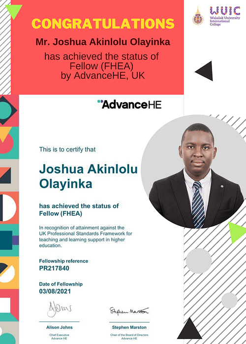 Congratulations Mr. Joshua Akinlolu Olayinka for achieving Fellow, UKPSF.