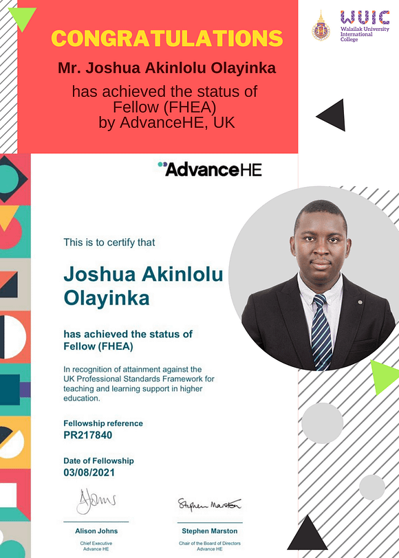 Congratulations Mr. Joshua Akinlolu Olayinka for achieving Fellow, UKPSF.