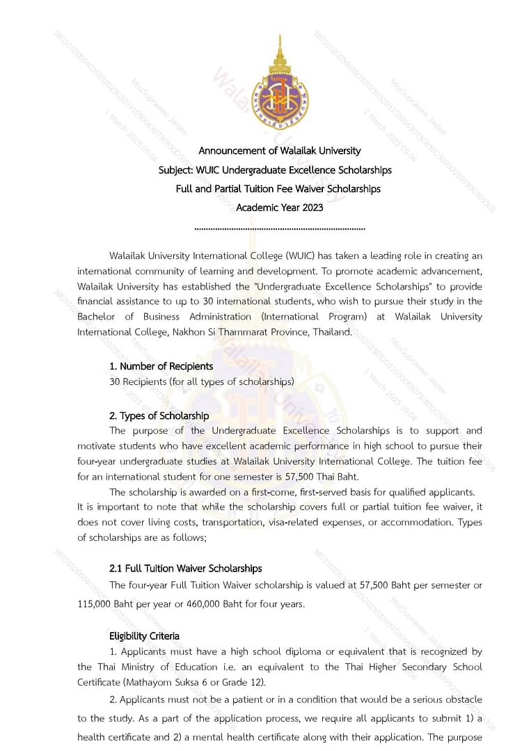 Announcement of Walailak University Subject: WUIC Undergraduate Excellence Scholarships Full and Partial Tuition Fee Waiver Scholarships Academic Year 2023